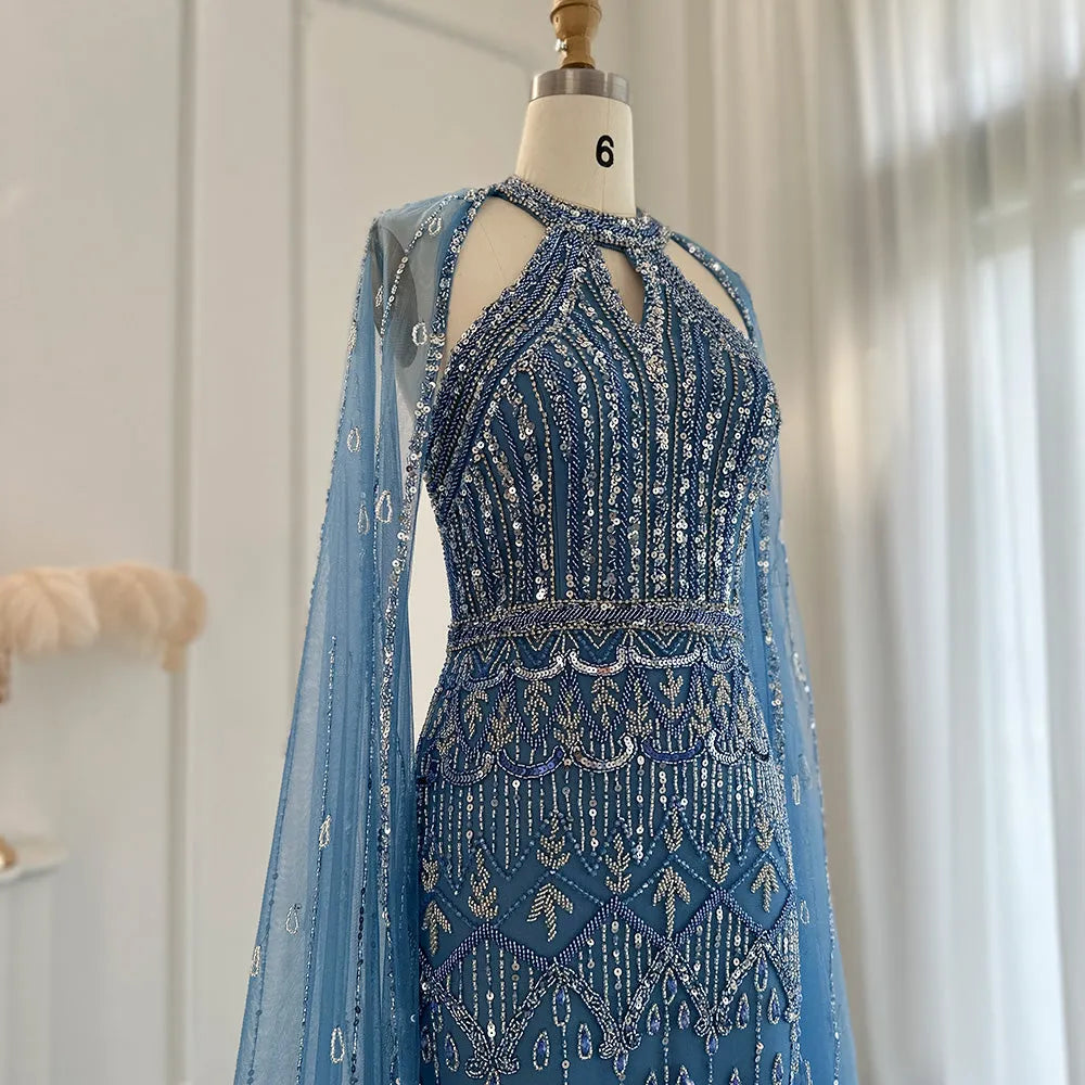 DreamyVow  Luxury Dubai Mermaid Pink Evening Dresses with Cape Sleeves 2023 Arabic Women Wedding Guest Formal Party Gowns 361