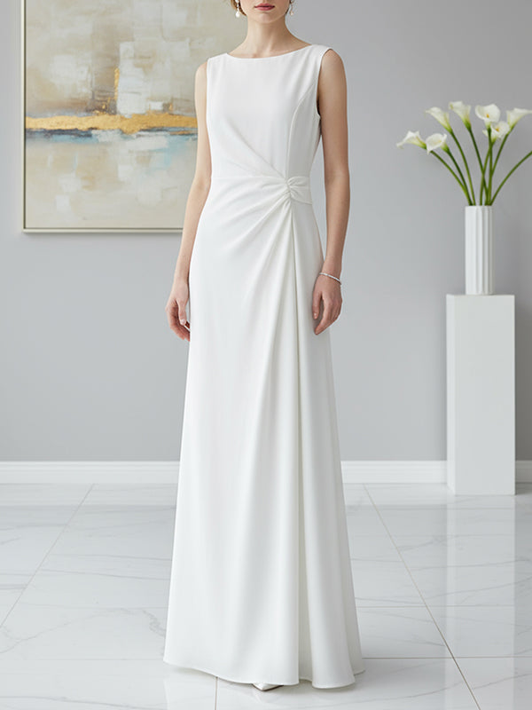 Sleeveless Gauze Pleated Solid Color Split-Joint Round-Neck Evening Dresses Maxi Dresses