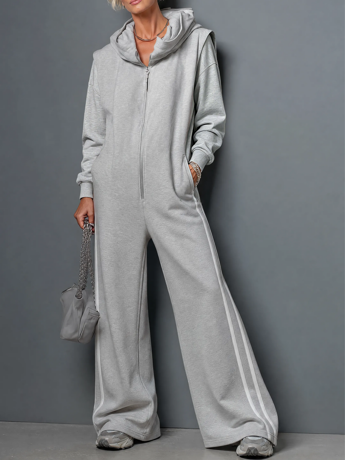 Women's Casual Stretch Knit Long-Sleeve Zip-Front Hooded Wide-Leg Jumpsuit MDZ0922G7WY