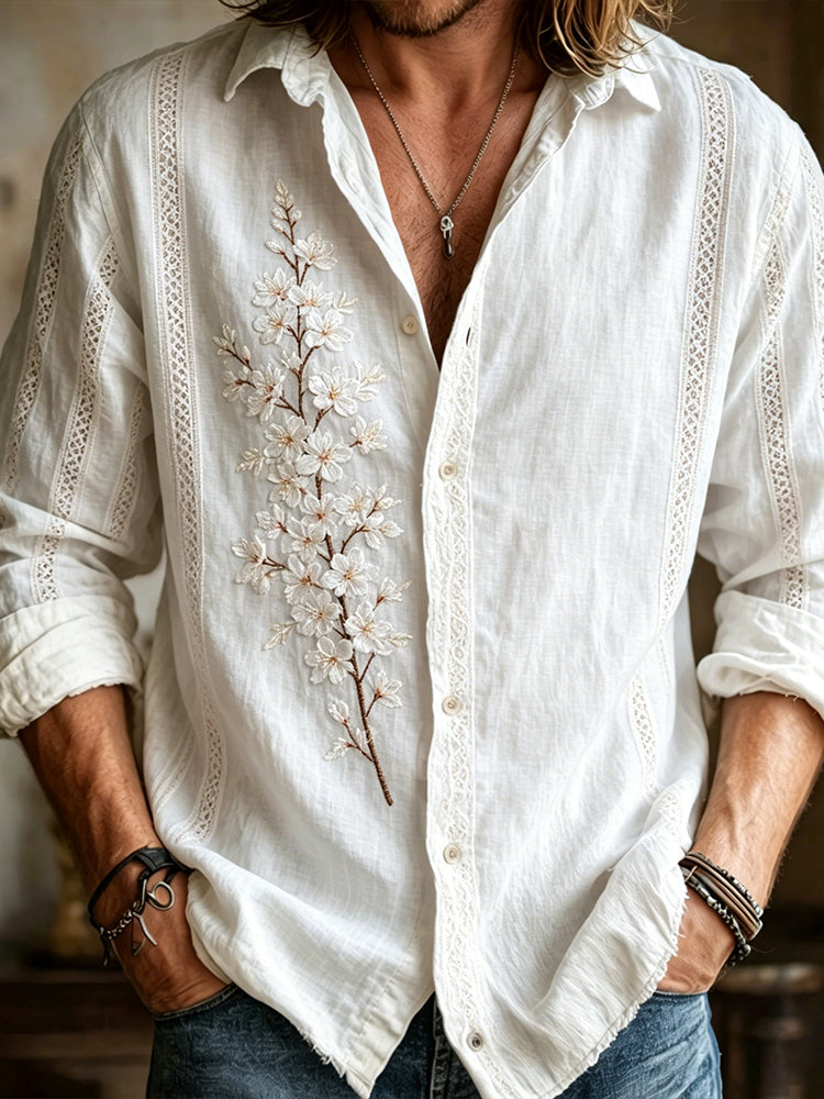Vintage White Cherry Blossom Art & Lace Art Cotton Linen Loose Lapel Long Sleeve Shirt