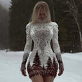Women's Christmas Tree Forest Celtic Knot Jacquard Knit Turtleneck Mini Sweater Dress