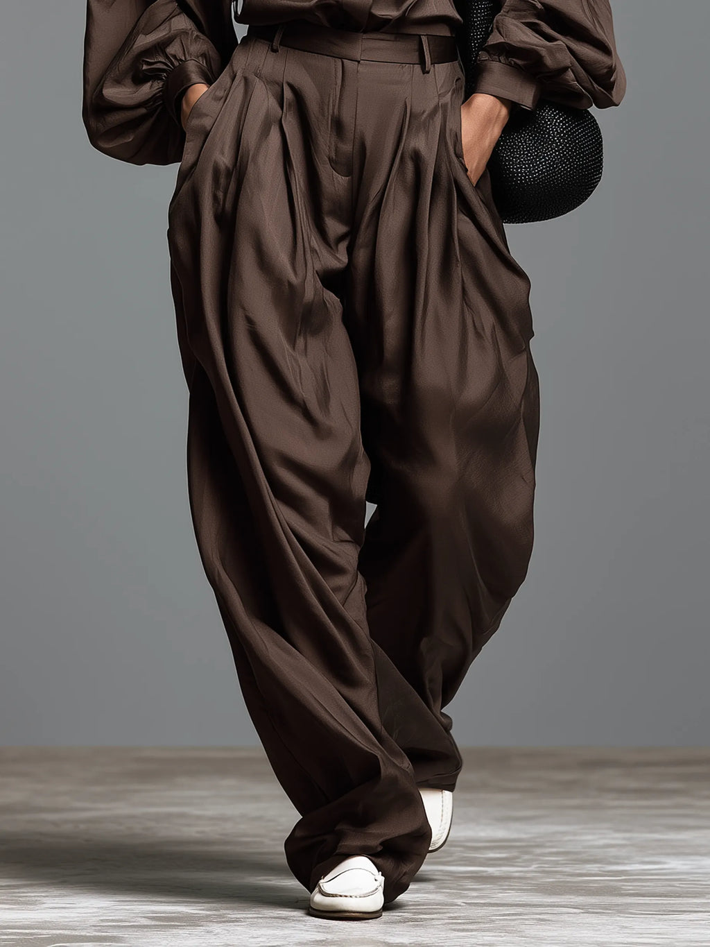 Women's Minimalist Matte Satin Long-Sleeve Shirt And Wide-Leg Trousers Set With Shoulder Epaulettes MDZ2044G0WY