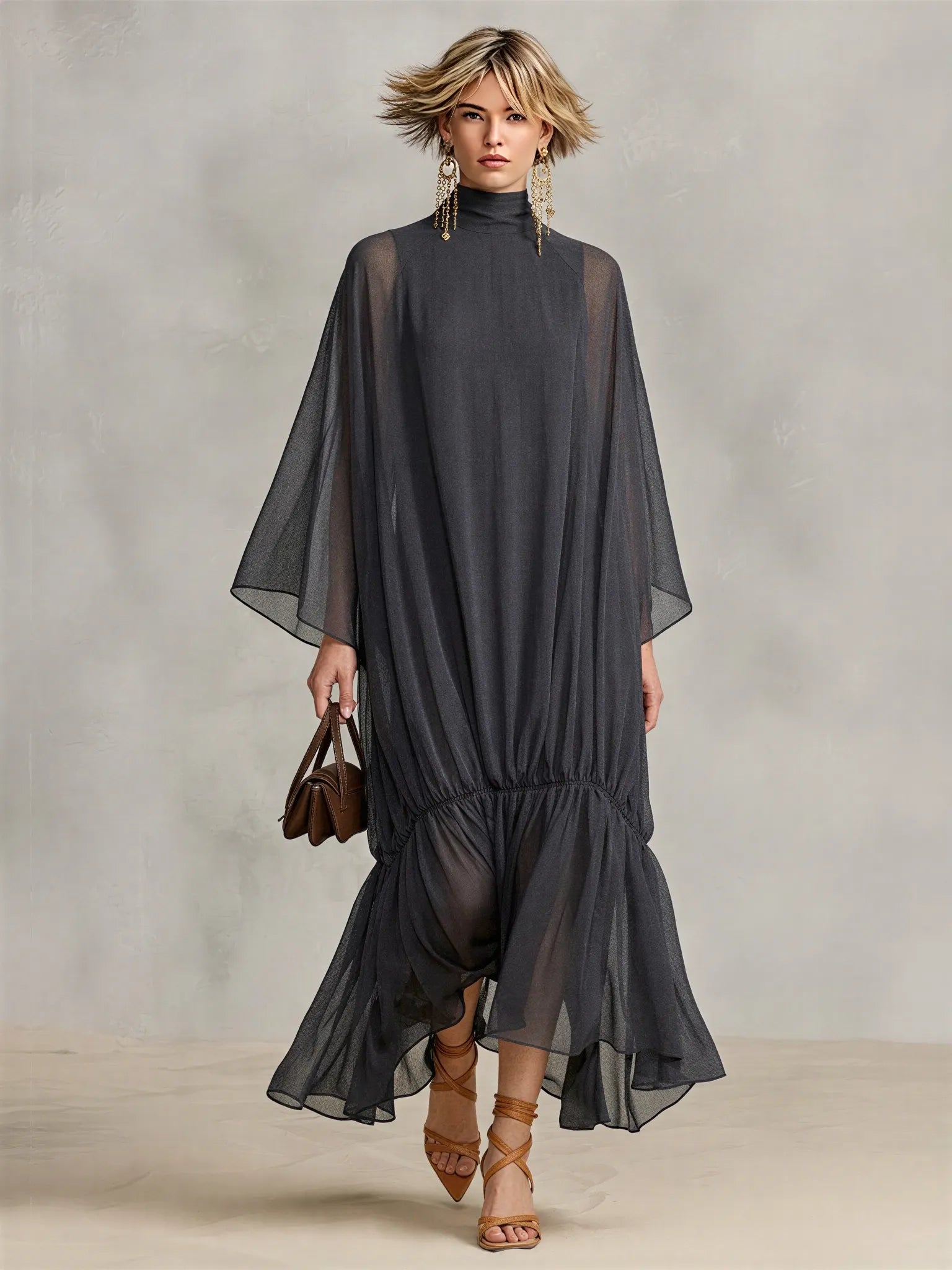 Women's Dark Gray Sheer Chiffon Maxi Dress With Turtleneck Cape Batwing Sleeves & Ruched Ruffle Hem, Minimalist Elegant Oversized Flowy Maxi Dress MDZ0665G8LYL
