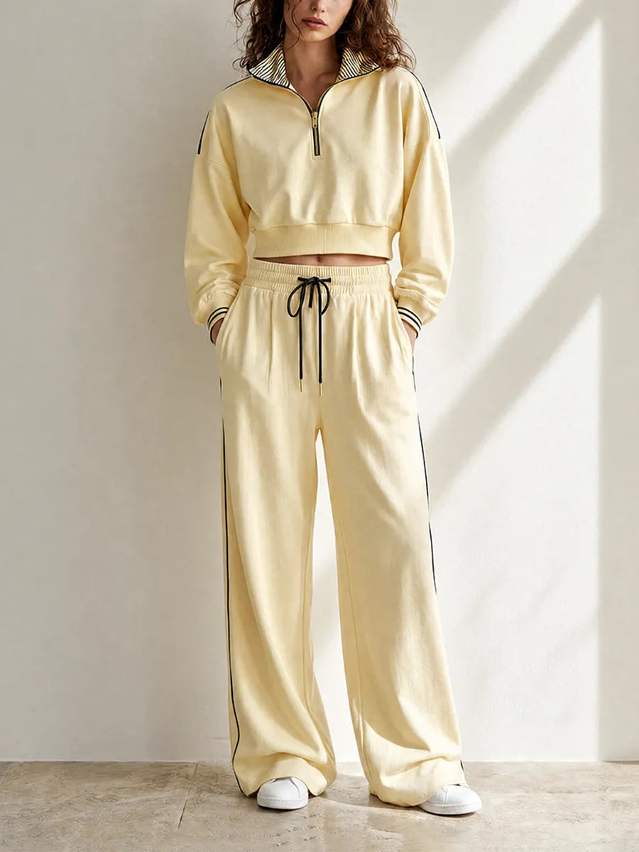 Women's Casual Sporty Light Yellow Half-Zip Collared Long-Sleeve Cropped Sweatshirt & Wide-Leg Trouser Set MDZ2127G6CMX