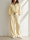 Women's Casual Sporty Light Yellow Half-Zip Collared Long-Sleeve Cropped Sweatshirt & Wide-Leg Trouser Set MDZ2127G6CMX