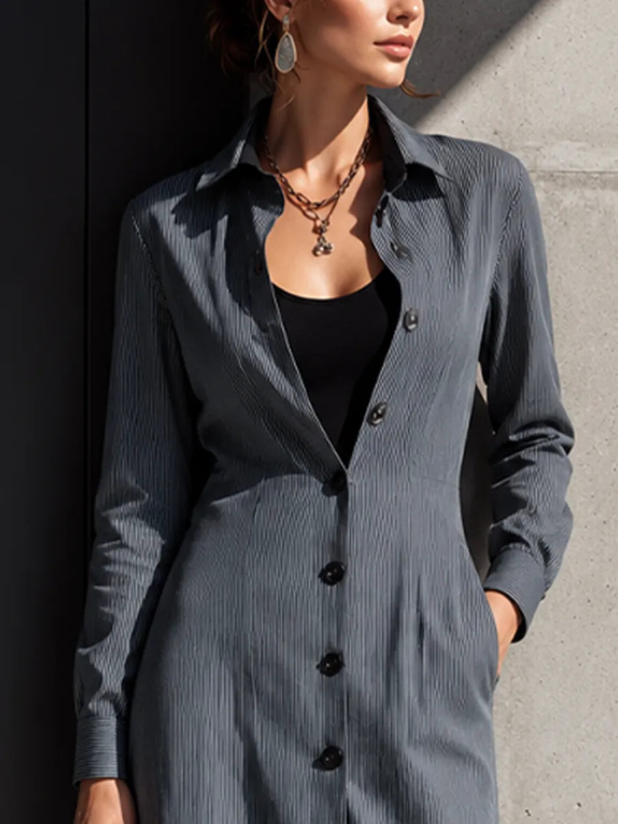 Women's Mature Commuter Grey Thin Stripe Cotton Blend Lapel Waist Slit Pocket Shirt Midi Dress MDZ0990G0GMJ