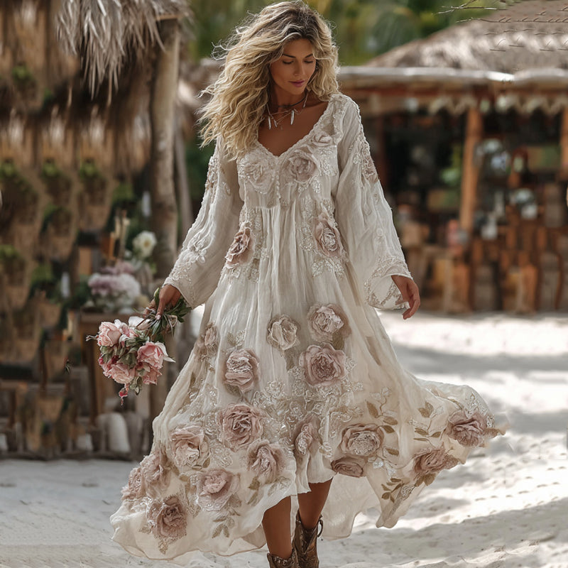 Women's Vintage Romantic White Rose Embroidery Art Comfy Linen Vacation Dress Maxi Dress