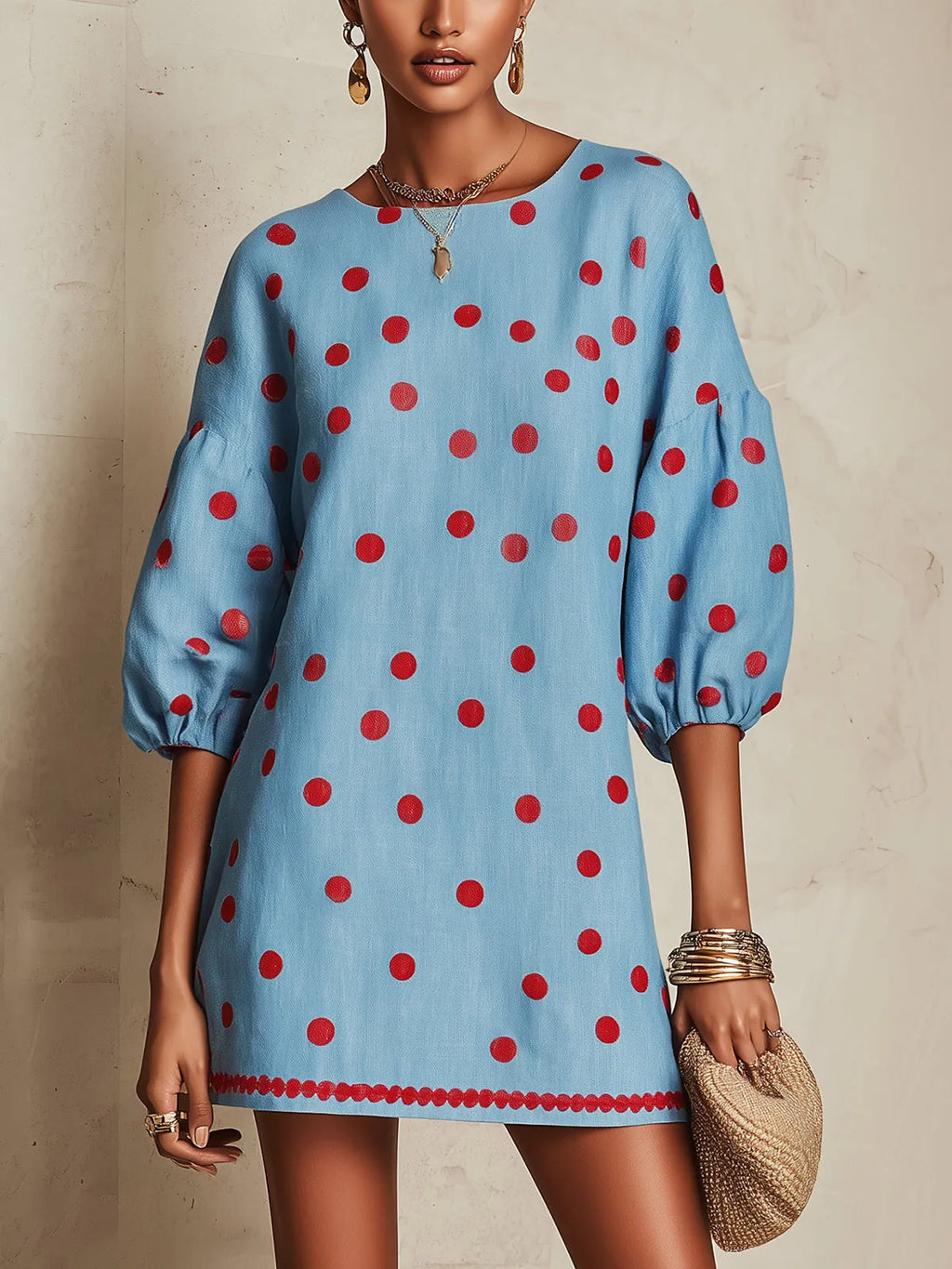 Sky Blue Mini Dress With Red Polka Dots And Puff Sleeves