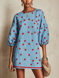 Sky Blue Mini Dress With Red Polka Dots And Puff Sleeves