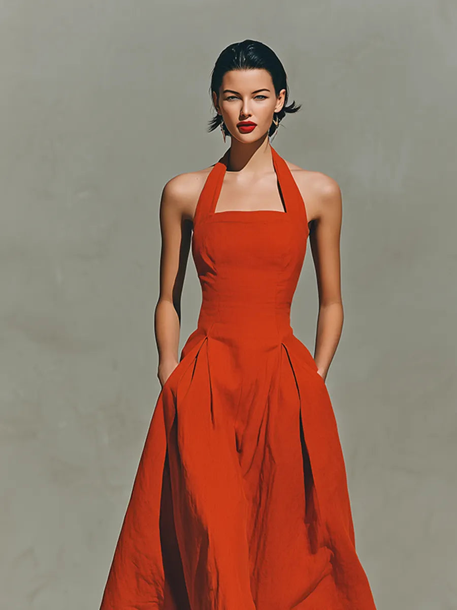 Women's Red Linen Maxi Dress With Halter Neck & Pleated Skirt, Timeless Elegant-Resort Style Dress MDZ2016C7I