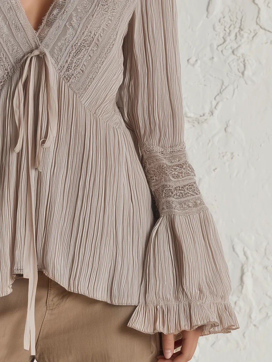 Delicate Beige Pleated Tie-Front Blouse