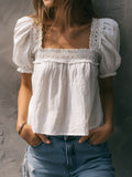 Boho White Square-Neck Puff Sleeve Crochet Lace Trim Blouse