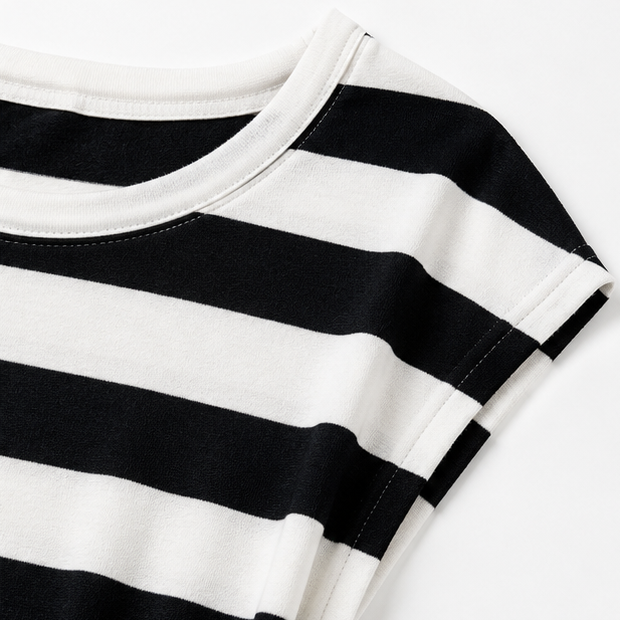 Sereva – Striped Drawstring Waist Midi Dress with Side Slit