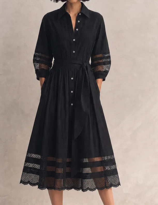 Women's Elegant Black Cotton Blend Collared Three-Quarter Sleeve Belted Lace Trim Button-Front Midi Shirt Dress MDZ1579G4ZSQ