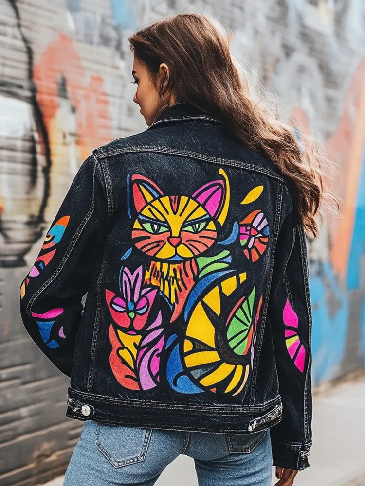 Women's Pop Art Cat Design Denim Jacket