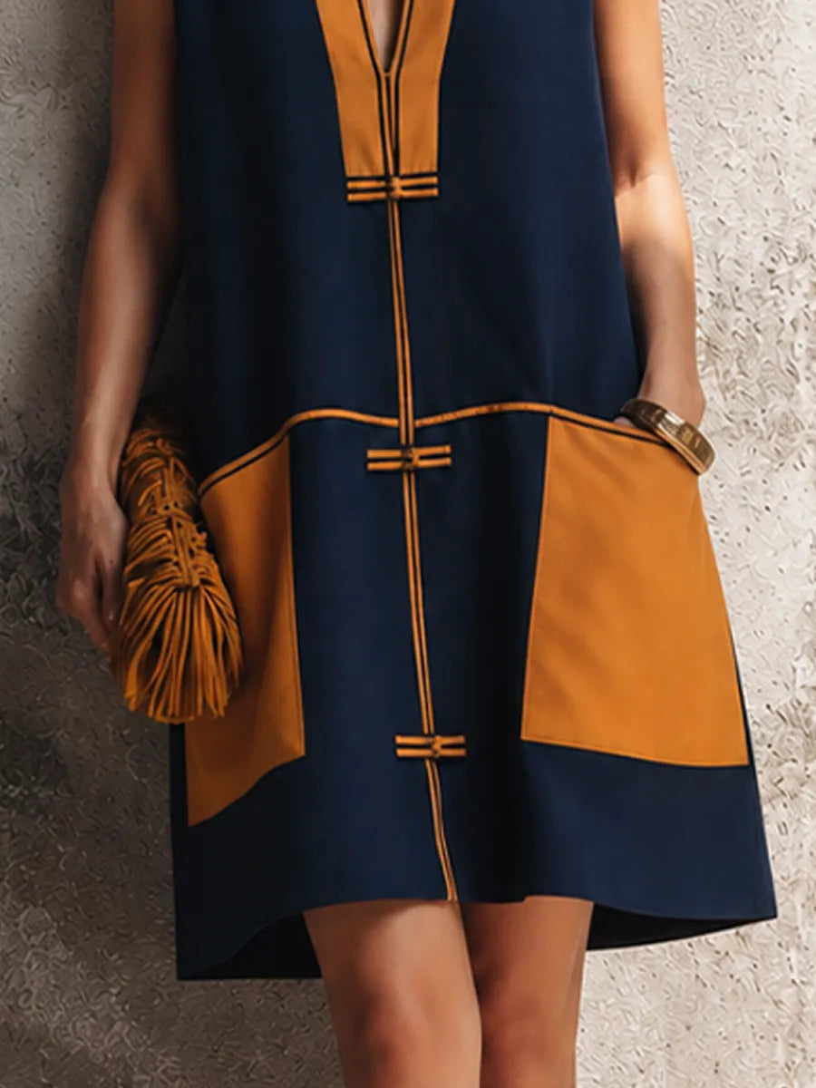 Women's Luxury Resort Style Navy Blue Cotton Blend Color Block Frog Button Sleeveless Mini Dress MDZ3005F3GMJ