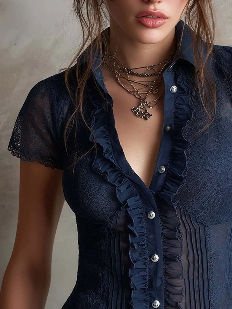 Retro Ruffled Trim Lace Slim-Fit Short-Sleeve Blouse