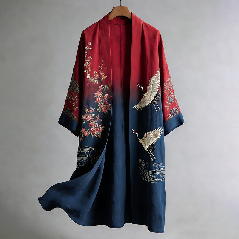 Men's Retro Japanese Cherry Blossom And Crane Art Linen Blend Kimono