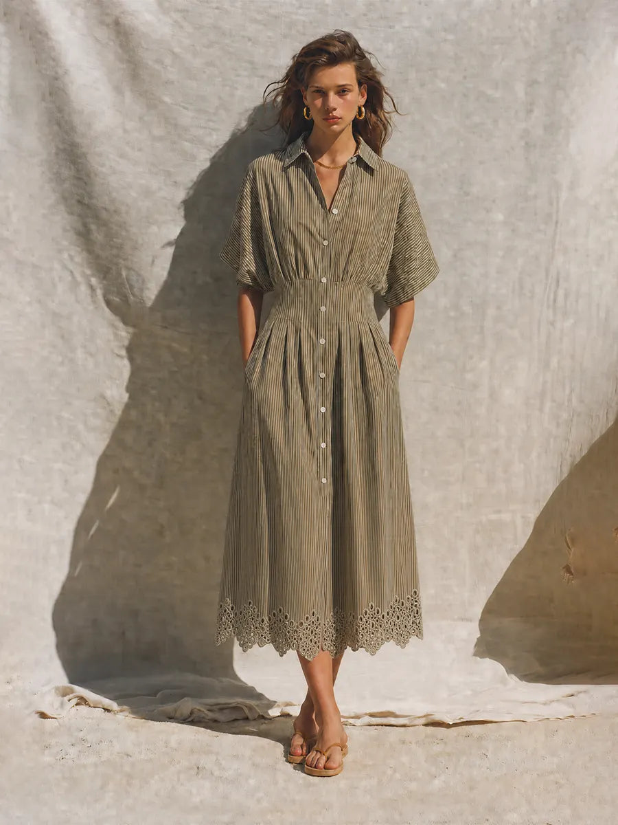 Women's Mediterranean Style Khaki Cotton Blend Striped Collared Button-Front Short Sleeve Eyelet Hem Midi Shirt Dress MDZ0780G9ZSQ