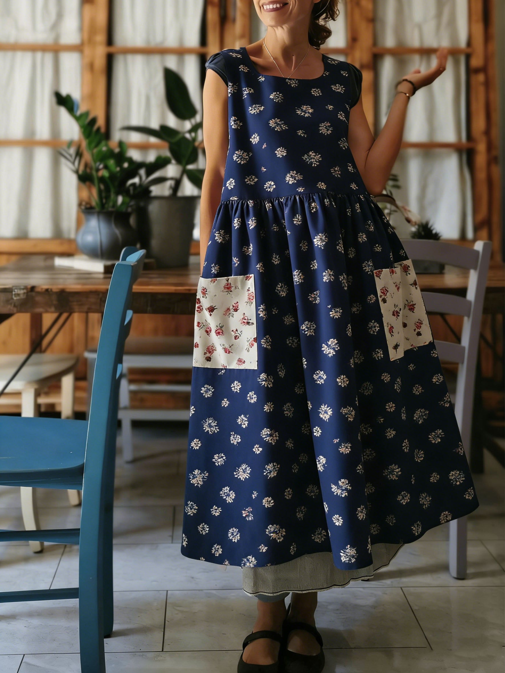 Navy Floral Pinafore Apron with Contrast Patch Pockets