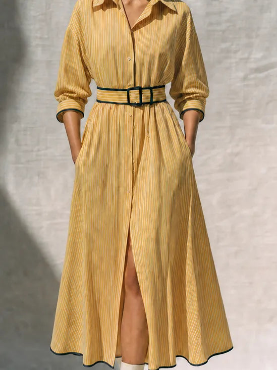 Women's Retro Style Yellow Cotton Blend Striped Collared Long Sleeve Belted Button-Front Contrast Trim Midi Shirt Dress MDZ1572G3ZSQ