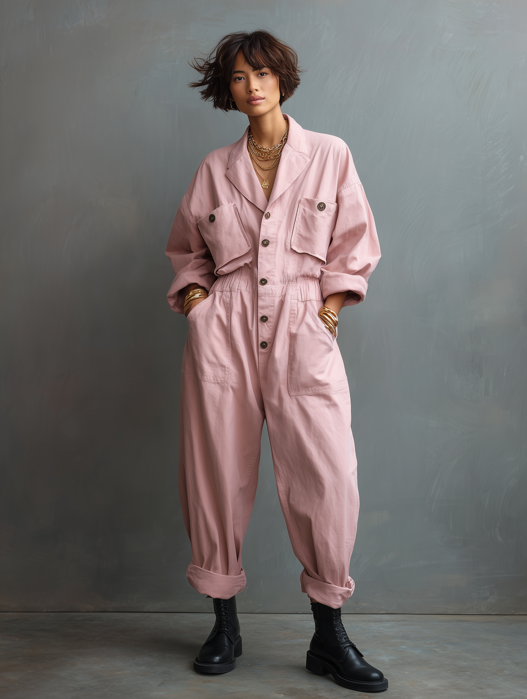 Women's Casual Cotton Twill Single-Breasted Long-Sleeve Jumpsuit MDZ0900G2WY