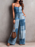 Boho Blue Patchwork Print Strap Wide-Leg Jumpsuit