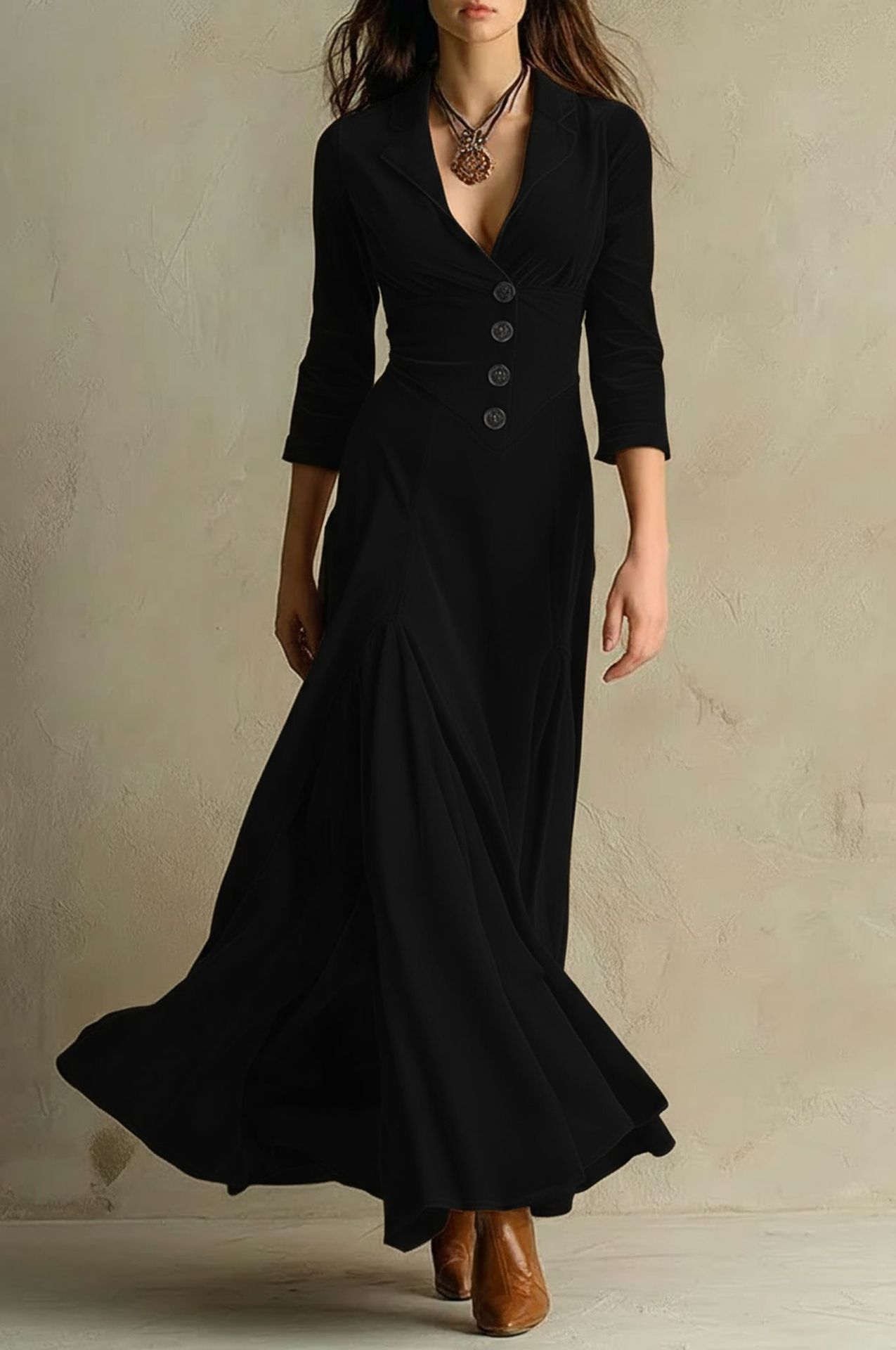 Brown Elegant Retro Suit Collar Velvet Long Dress