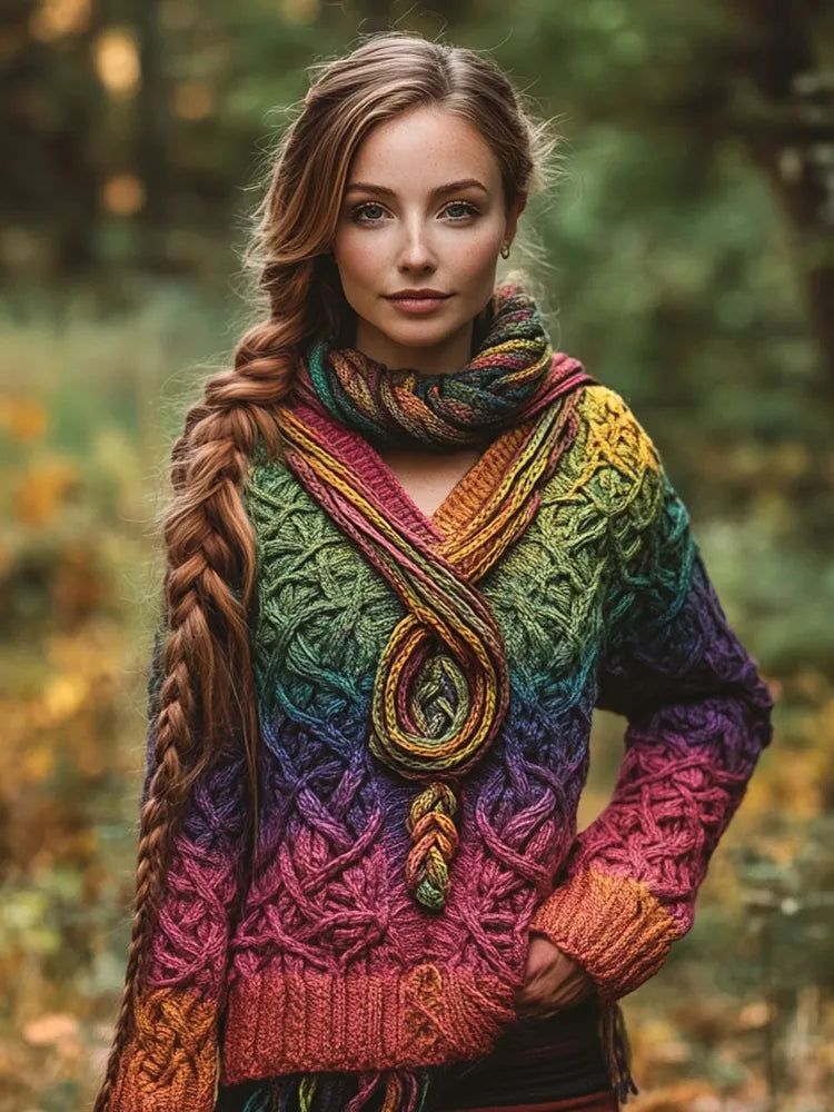 Women's Irish Celtic Knotted Color Gradient Design V Neck Sweater