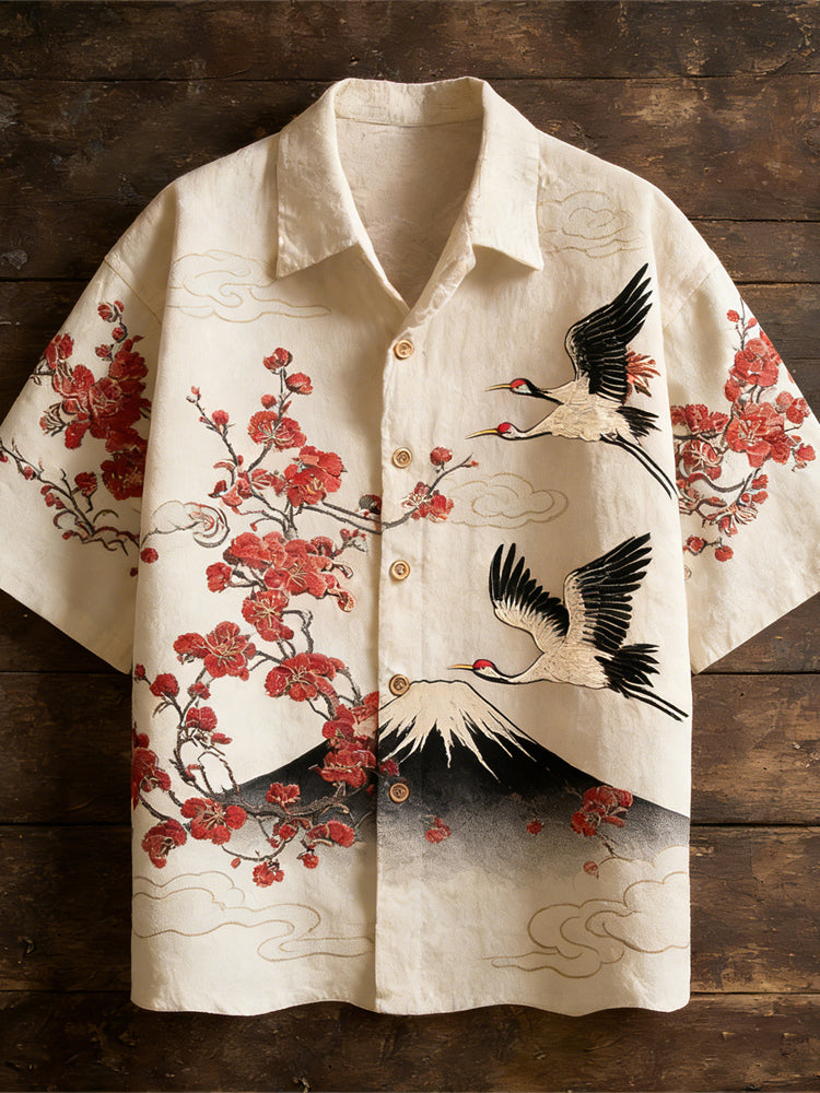Japanese Crane & Mt. Fuji Men's Linen Short Sleeve Shirt