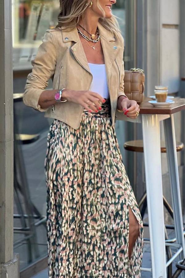 Khaki Suede Cropped Biker Jacket