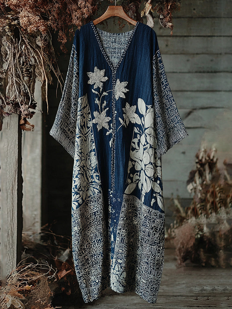 Women's Japanese Traditional Sashiko Art V-neck Kaftan