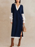 Navy Layered Lace Trim Knit Midi Dress