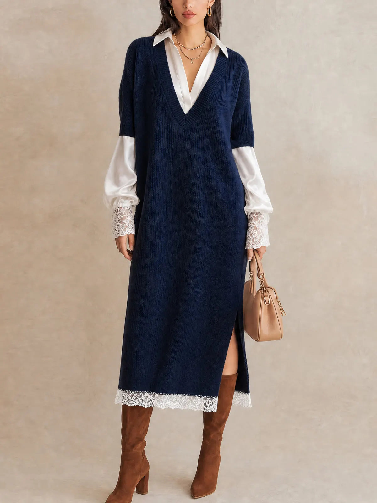 Navy Layered Lace Trim Knit Midi Dress