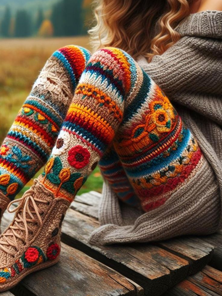 Vintage Crochet Floral Cozy Knit Leggings