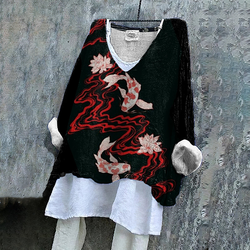 Japanese Koi Art Cotton And Linen V-neck T-shirt