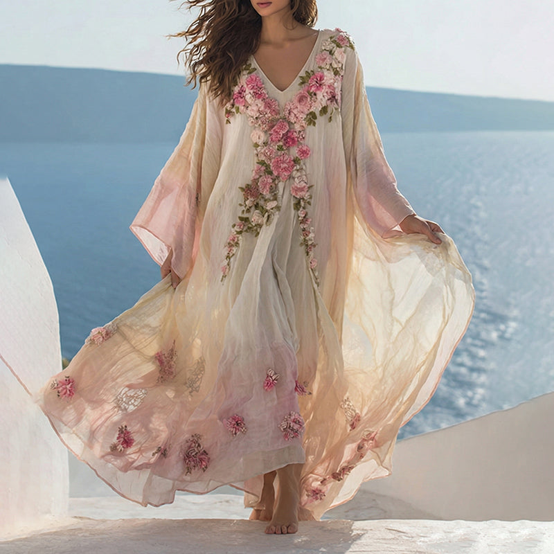 Women's Vintage Floral Rose Embroidery Art V-neck Kaftan