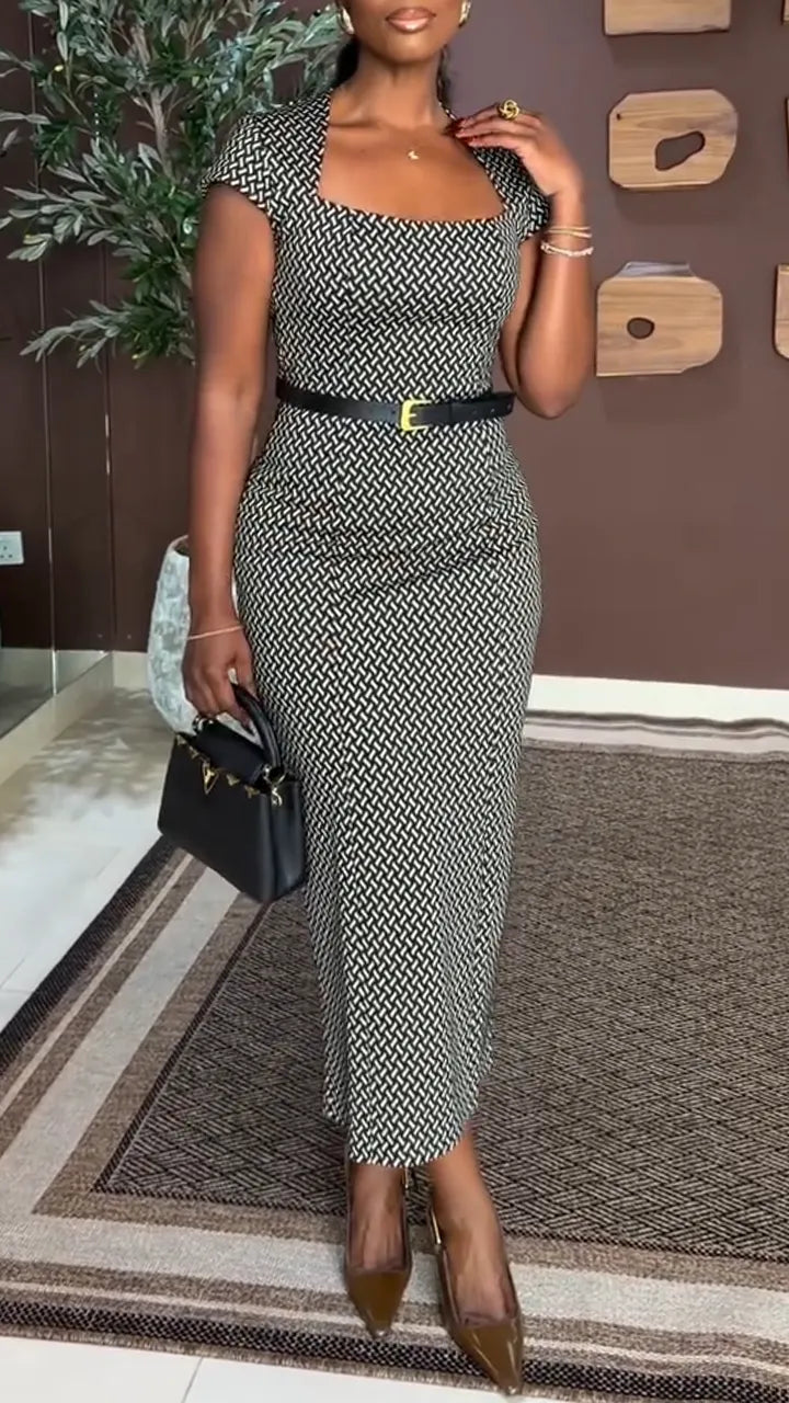 Women Square Collar Printed Slim Fit Elegant Temperament Dress