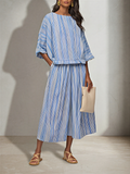 Women's Blue White Vertical Stripe Cotton Blend Two-Piece Set With Boat Neck Batwing Sleeve Top & Elastic Waist Midi Pants, Minimalist Summer Resort Matching Outfit MDZ0695G4LYL
