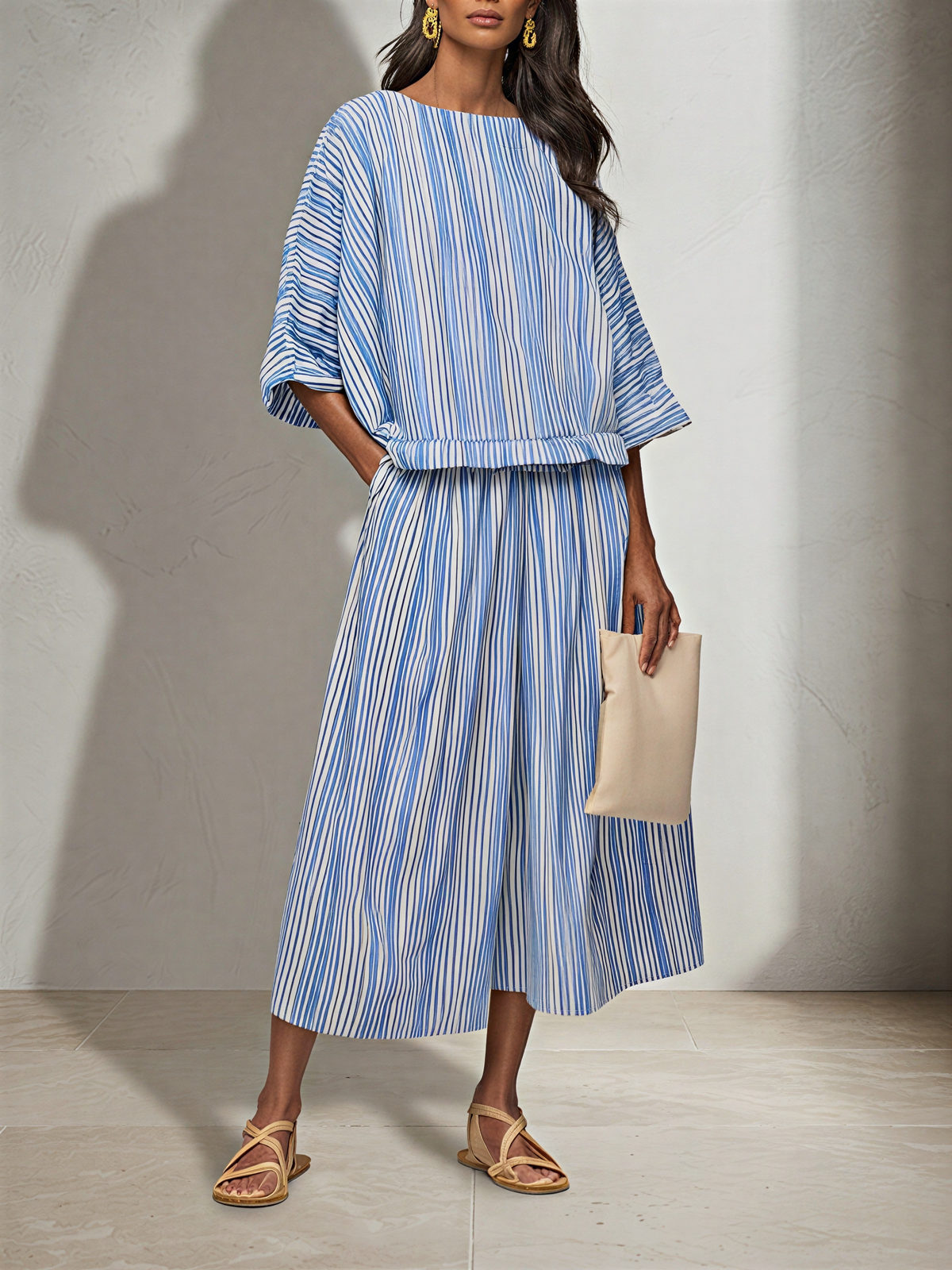 Women's Blue White Vertical Stripe Cotton Blend Two-Piece Set With Boat Neck Batwing Sleeve Top & Elastic Waist Midi Pants, Minimalist Summer Resort Matching Outfit MDZ0695G4LYL