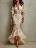 Elegant Trumpet-sleeve Lace-trimmed Mermaid Maxi Dress