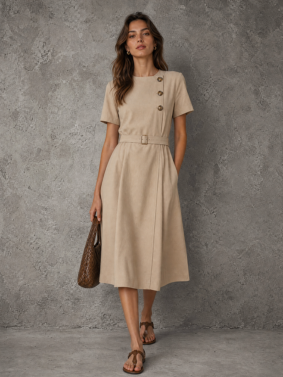 Women's Minimalist Elegant Khaki Cotton Blend Button Belted Short Sleeve Midi Dress MDZ2133G8GMJ