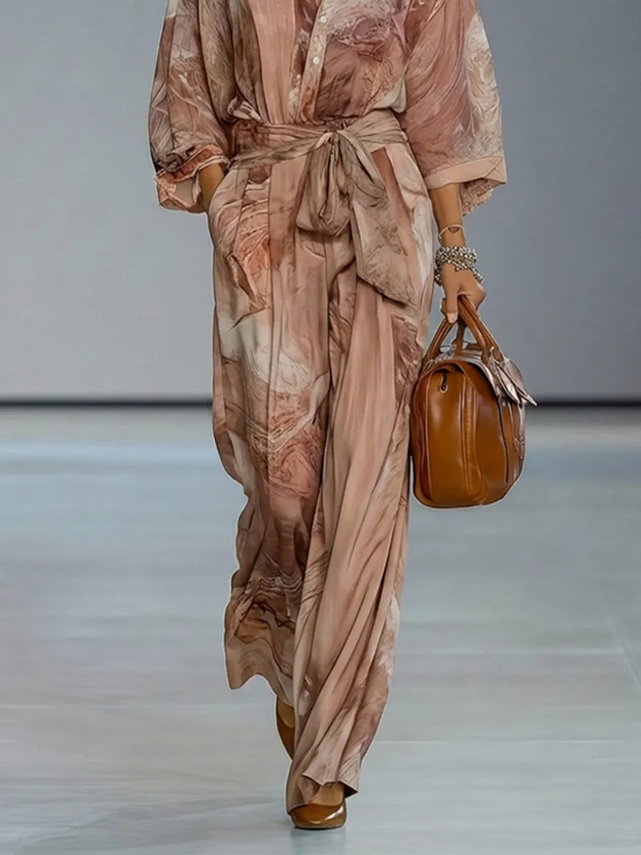 Women's Dusty Pink Print Chiffion Jumpsuit With Collared Half Placket & Self Tie Waist Belt, Modern Elegant Vacation Full Length Jumpsuit MDZ0113G4LYL