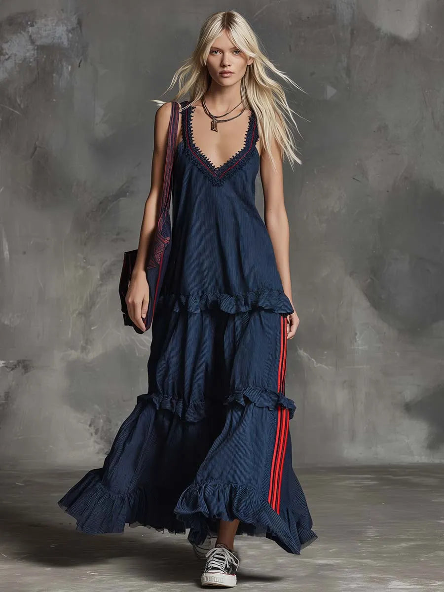 Retro Casual Sporty Lace V-neck Layered Ruffle Hem Dark Blue Striped Maxi Dress