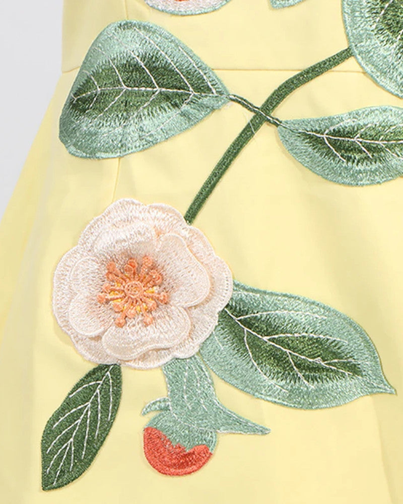 Strapless Embroidered Floral Dress Yellow