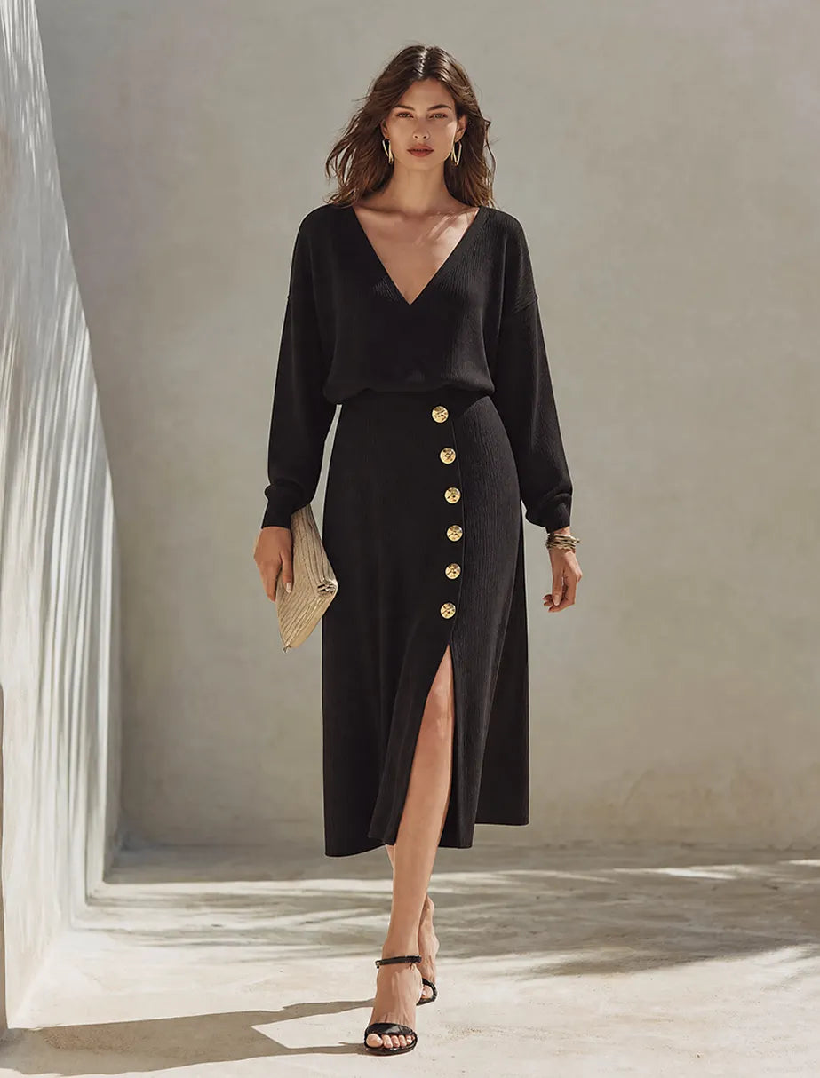 Women's Minimalist Solid Black Knit V-Neck Long-Sleeve Midi Dress MDZ0836G1ZRK