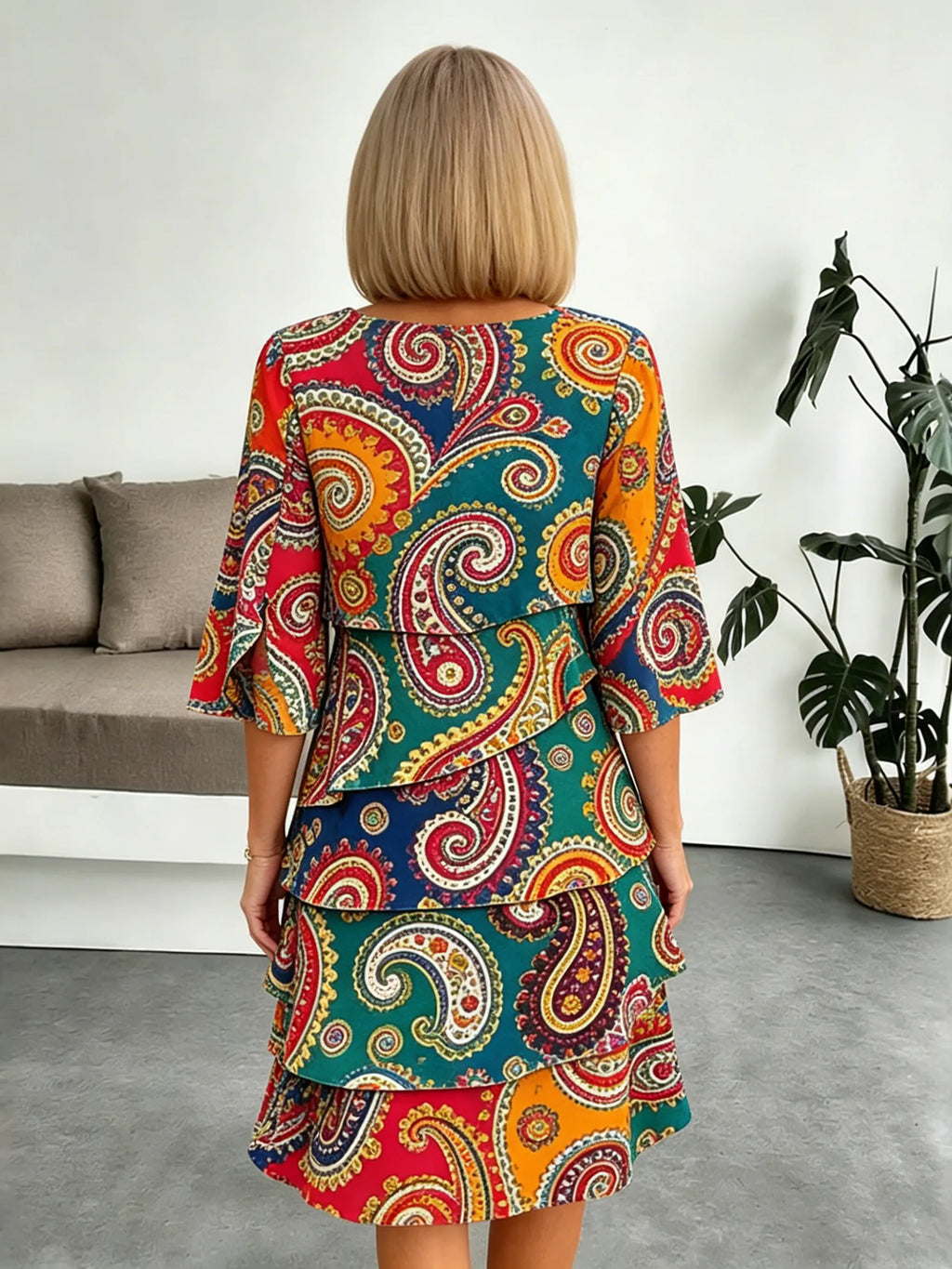 Chiffon Paisley Vacation Prints Color Round Neck Cake Skirt Splicing Dress Mid-length