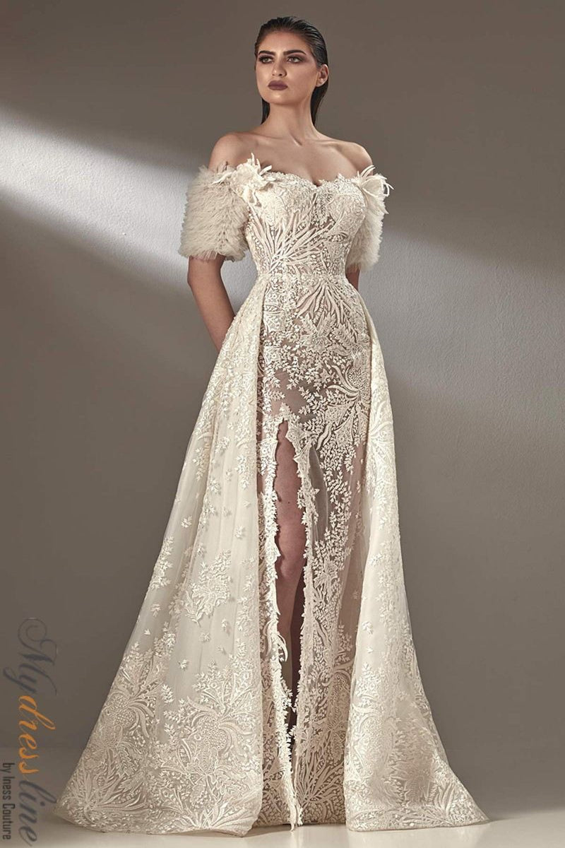 MNM Couture K3881 short sleeves stunningly beautiful embroidery maxi dress