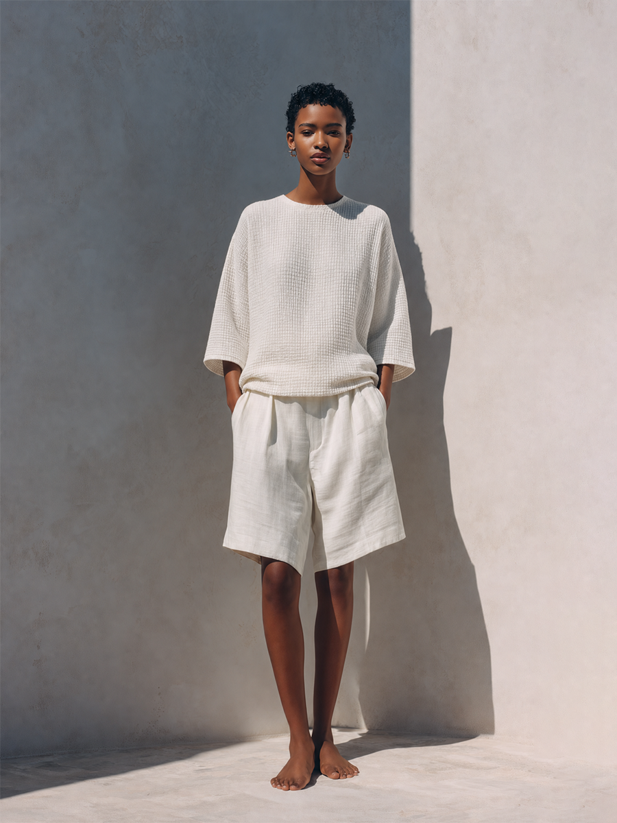 Women's Minimalist Ivory Cotton Linen Blend Waffle Textured Round Neck Short Sleeve Top And Pleated Bermuda Shorts Two-Piece Set MDZ1482G1ZSQ