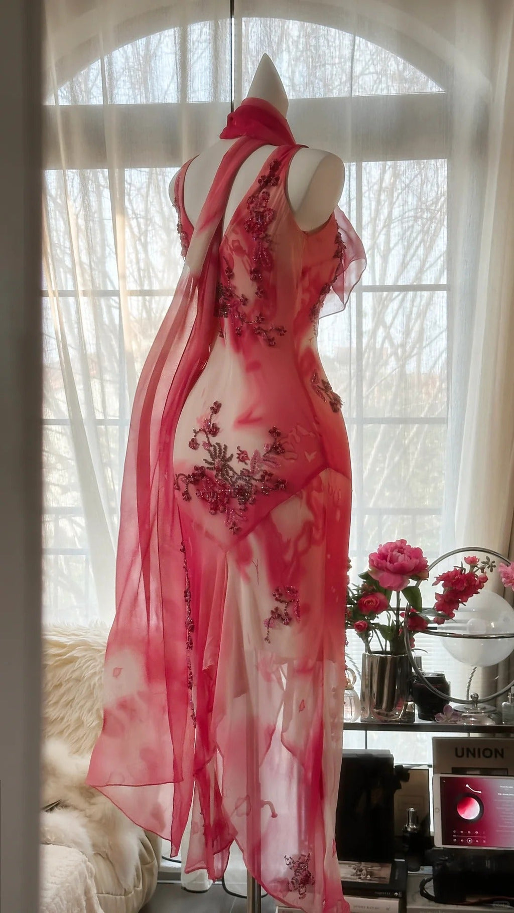 Pink Gorgeous Elegant Romantic Exquisite Beaded Blooming Long Chiffon Ball Gown Evening Dress Birthday/Wedding Guest Party Dress